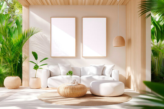 Minimalist lounge with white couch two placeholder frames and fabric ottoman