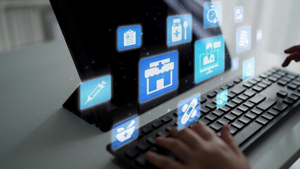 Online pharmacy icons showing medicine, healthcare, prescription and medical services with digital pharmacy, online drugstore, telemedicine and modern pharmaceutical solutions. Funnel