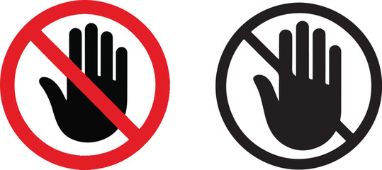 Set stop red and black sign icon with hands vector sets. Stop warning sign. Danger prohibition symbol. Restricted area illustration.