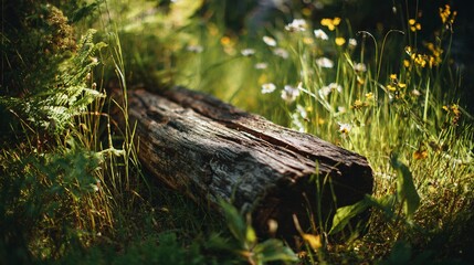Rustic wooden log nestled in vibrant green grass with wildflowers, creating a serene nature scene perfect for relaxation and outdoor themes