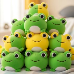 Stack of Adorable Frog Plush Toys with Smiling Faces.
