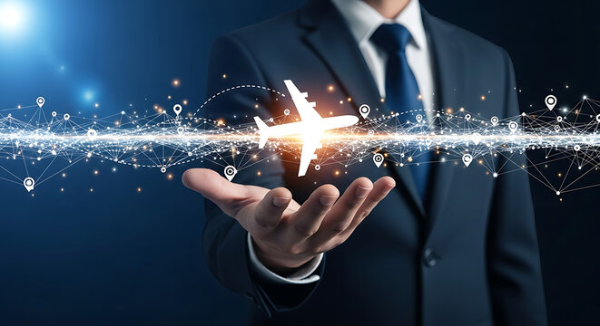 Global business airplane network concept with connections and data points