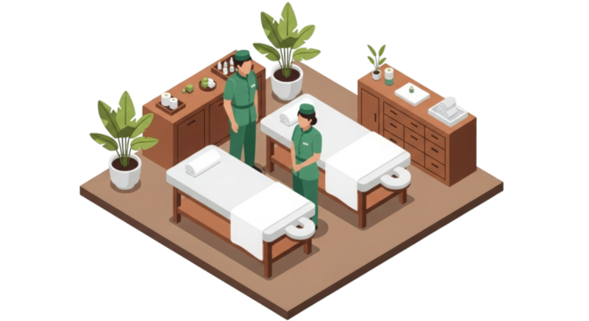 Massage therapy room with two therapists and beds isolated on a transparent background image - Powered by Adobe
