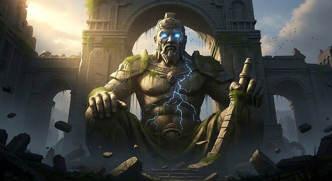 Epic Golden Armored Deity with Luminous Blue Eyes Seated in Ancient Ruined City at Dawn.