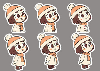 Cute Cartoon Girl in Winter Clothes with Different Poses and Facial Expressions