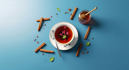 Cup of herbal tea with cinnamon and honey, flat lay