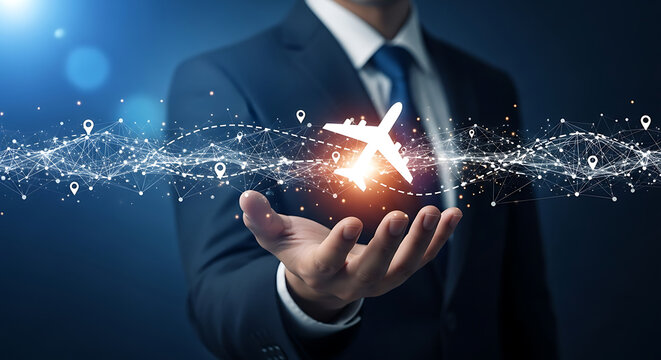 Businessman showcasing a glowing airplane within a digital network for global travel and aviation