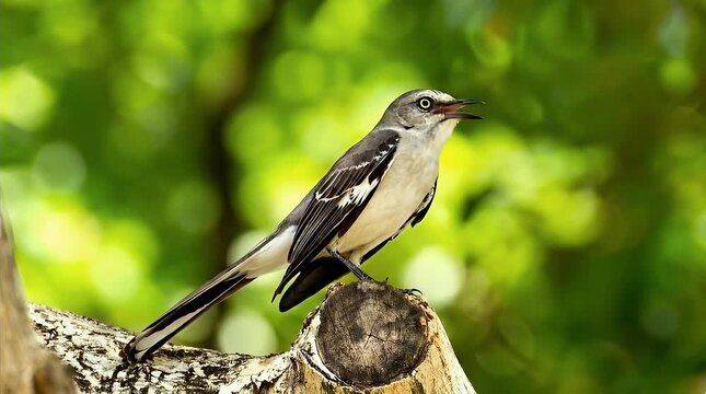 Mockingbird bird sitting perched on a log during winter with bokeh background