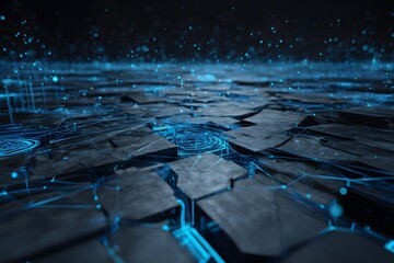 Abstract digital landscape with glowing blue energy flowing through cracked earth and cosmic particles