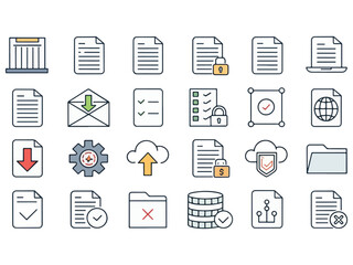 Set of Data Management and File Format Icons for Business and Technology Applications representing a diverse collection of file related actions