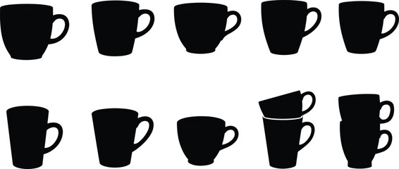 Silhouette coffee mugs, tea cups, stacked mugs, black vector icons, kitchen utensil shapes, beverage design, dining tableware illustration, drink symbol