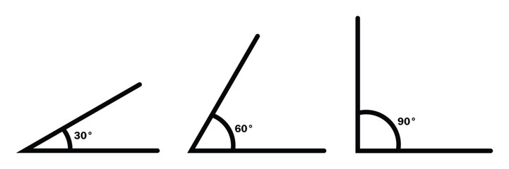 Angles degrees icon set. Various angles 30, 60 and 90 degree icon set. Math, trigonometry and geometry symbols. Education material illustration.