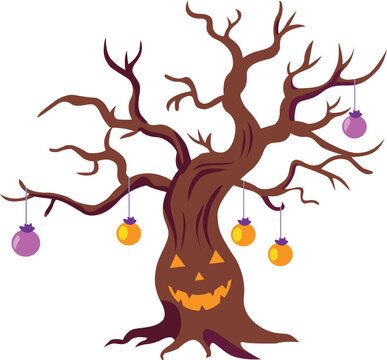 Spooky Halloween tree with glowing jack o lantern face and ornaments.