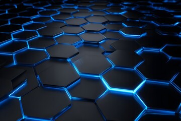 Abstract geometric pattern of glowing blue hexagonal cells on a dark textured surface creating a futuristic digital landscape