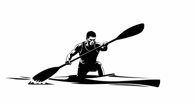 Determined kayaker paddling powerfully through water, racing to victory