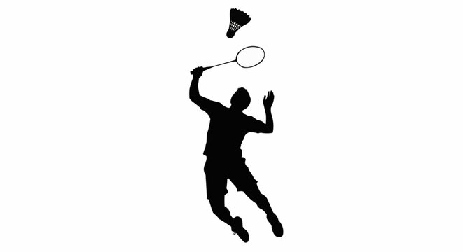 Dynamic badminton player hitting shuttlecock with powerful overhead smash