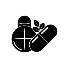 Pills and leaves black silhouette