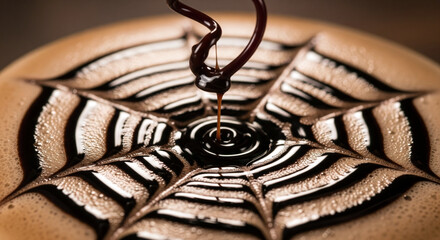 Creating Halloween spider web latte art with chocolate