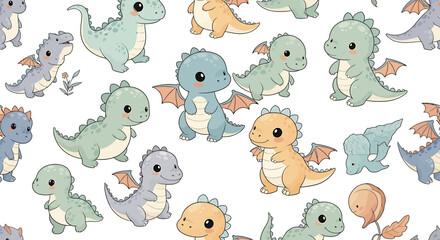 Naklejka premium Cute Baby Dragon Cartoon Seamless Pattern for Kids