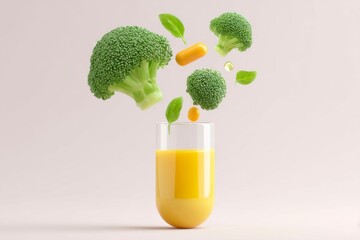 A capsule filled with vegetables and fruits floating in the air, broccoli falling out of it, orange juice pouring from top to bottom.