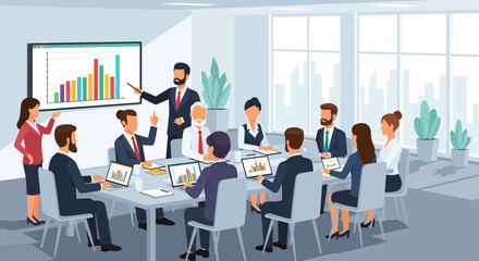 Team of diverse professionals collaborating in a modern office meeting, analyzing growth charts and presenting business strategies