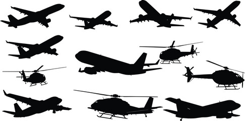 Aircraft silhouettes, airplane icons, helicopter outlines, aviation shapes, flying machines, black graphics, military jets, commercial planes, rotor blades, isolated transport
