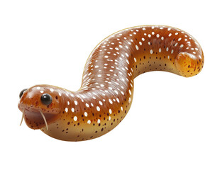 Spotted, worm-like creature with whiskers and tiny eyes, against black background