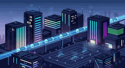 Futuristic Cityscape A Neon-Lit Urban Landscape with Elevated Transit and Digital Infrastructure