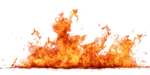 A vibrant and energetic burst of orange and yellow flames isolated on white background