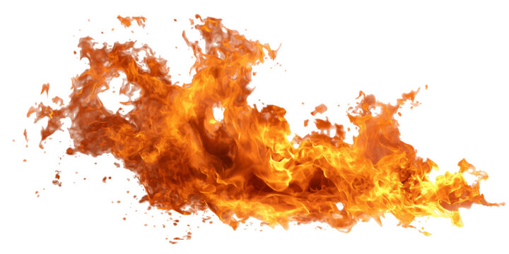 Realistic bright orange and yellow fire flames burning intensely isolated on white background