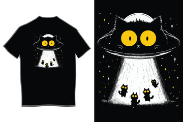 Funny black cat ufo abduction t-shirt design featuring a feline alien and little kittens in a beam