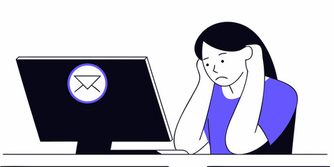 Person gets too many emails on computer stressed out flat vector design
