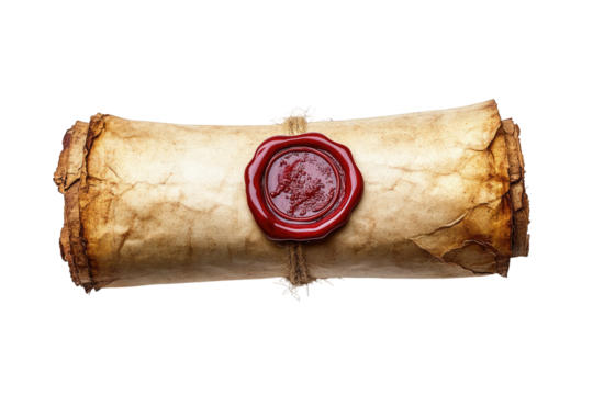 Rolled aged parchment tied with string and sealed with red wax
