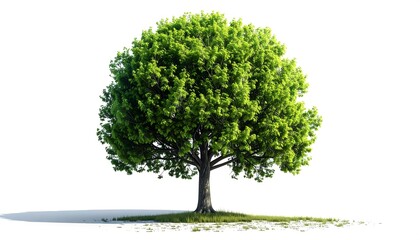 A digital rendering presents a full-grown tree isolated on white. The lush green canopy contrasts the textured brown trunk, casting a simple shadow