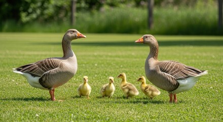Obraz premium Two geese with goslings on a grassy field.