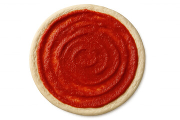 Pizza dough base with tomato sauce, preparing homemade italian food, round uncooked flatbread, transparent background