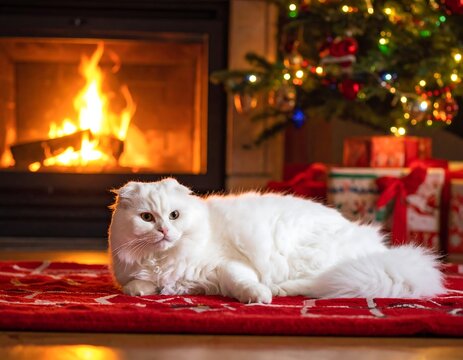 A fluffy white cat relaxes on a red rug in front of a fireplace and Christmas tree adorned with lights. Gifts are nearby