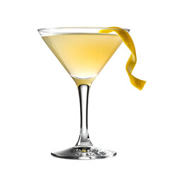 Elegant cocktail in a stemmed glass with a yellow-orange hue and citrus garnish