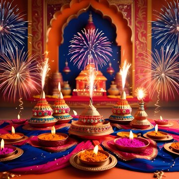 HAPPY DIWALI fireworks over the river