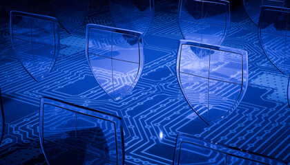 Digital shields on blue circuit board background symbolize cybersecurity and data protection. image conveys sense of security and technological advancement