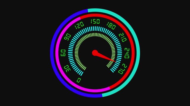 Futuristic Speedometer Dial with Red Needle and Colorful Segments gauge. High-Tech Speedometer with Red Pointer and Vibrant Color Segments. Modern Speedometer Gauge Red Needle with Dynamic Color.