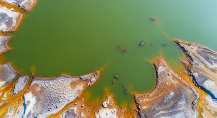 Aerial view of vivid green toxic water and eroded shoreline landscape environment