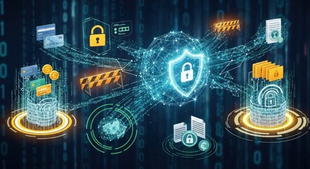 A digital network with security icons and symbols.