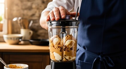 Chef blending ice cream and peanut butter in blender