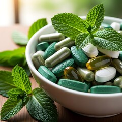 Herbal Supplements and Mint Leaves - A Natural Wellness Approach.