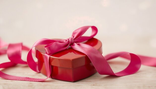 Red heart-shaped gift box with pink ribbon on wooden surface - Powered by Adobe