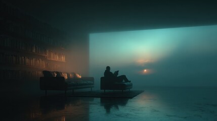Misty Twilight Scene With A Solitary Figure In A Lounge Chair By Bookshelves