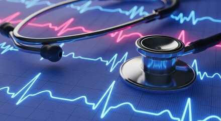 A stethoscope with a blue and pink heart rate monitor on a blue background.