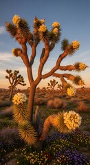Joshua Tree in Bloom at Sunset - A Desert Landscape.