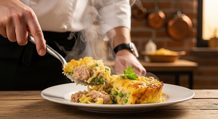 Chef's Hand Serving Hot Tuna Casserole on White Plate, Overhead View, Seafood Dish Illustration, Gourmet Meal Graphic, Kitchen Serving Scene